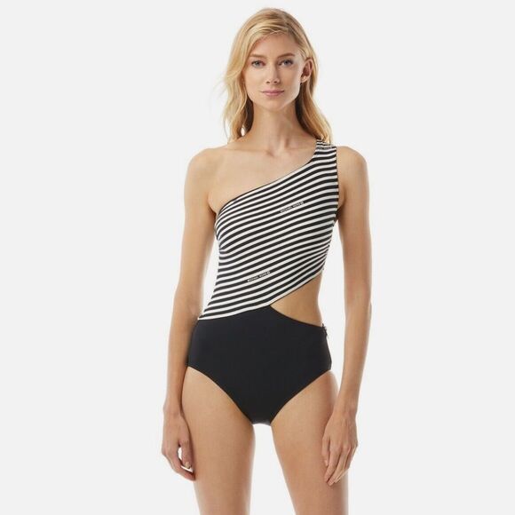 MICHAEL Michael Kors Stripe One Shoulder Cut Out One Piece L76543 Size 6. - Picture 1 of 10